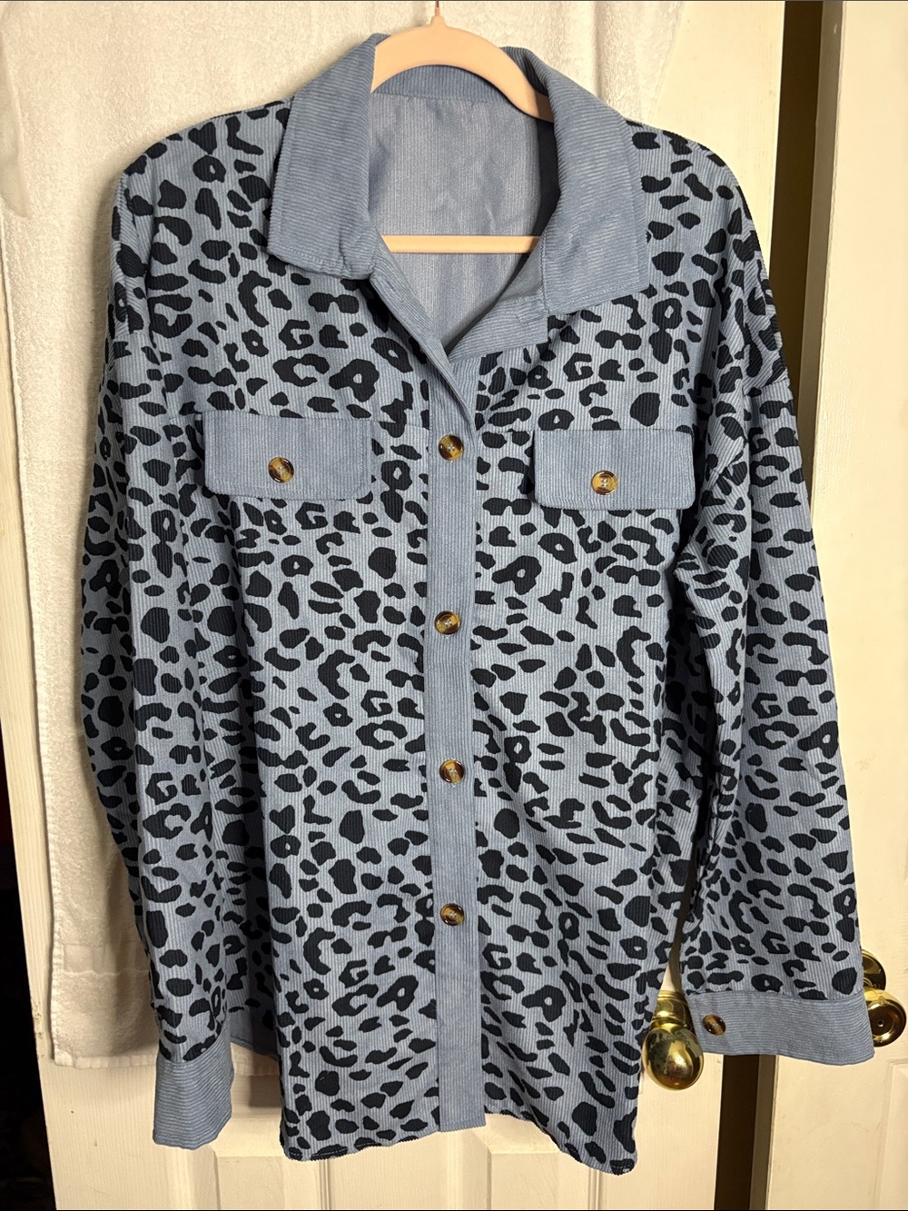 Waffle Knit Leopard Print Shacket in Light Blue and Black